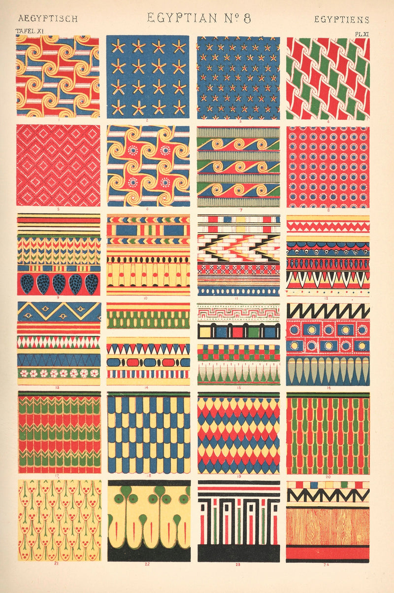 Collection of Egyptian pattern designs in a grid layout on a beige background