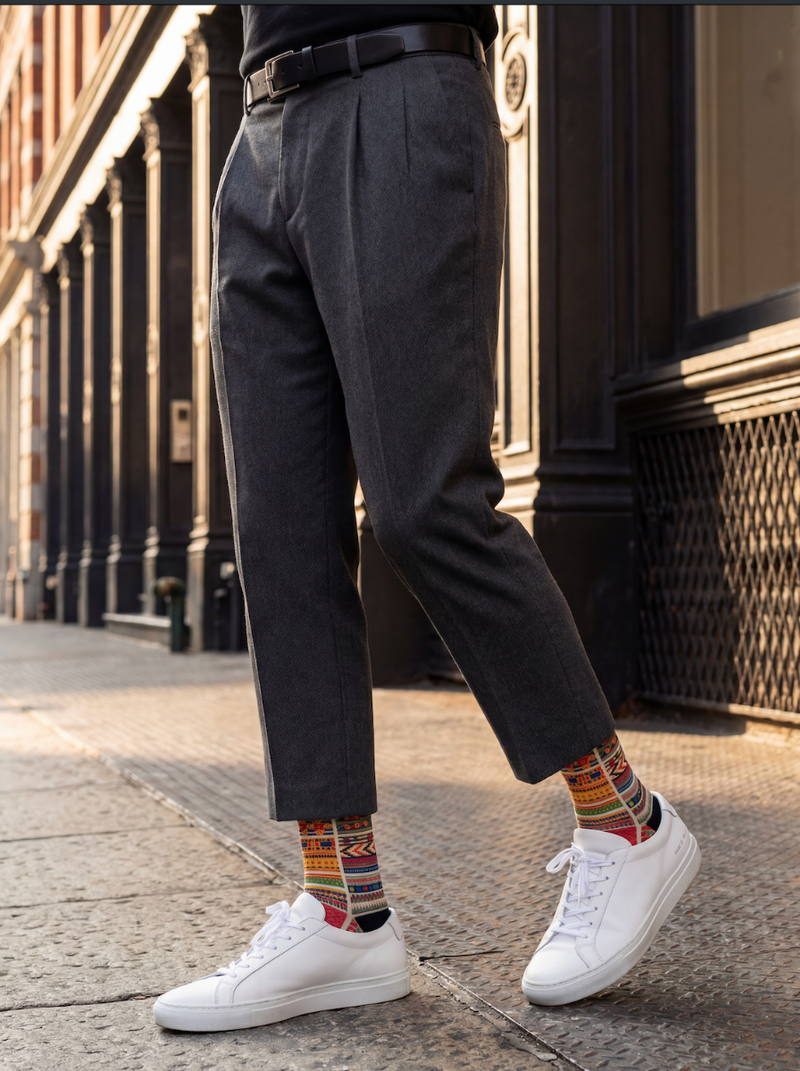 Person wearing dark gray pants, colorful socks, and white sneakers on a city street.