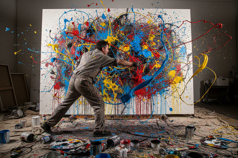artist splasing colours on a canvas like jackson pollock