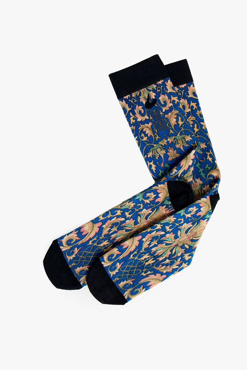Pair of socks with blue and gold floral pattern on a white background